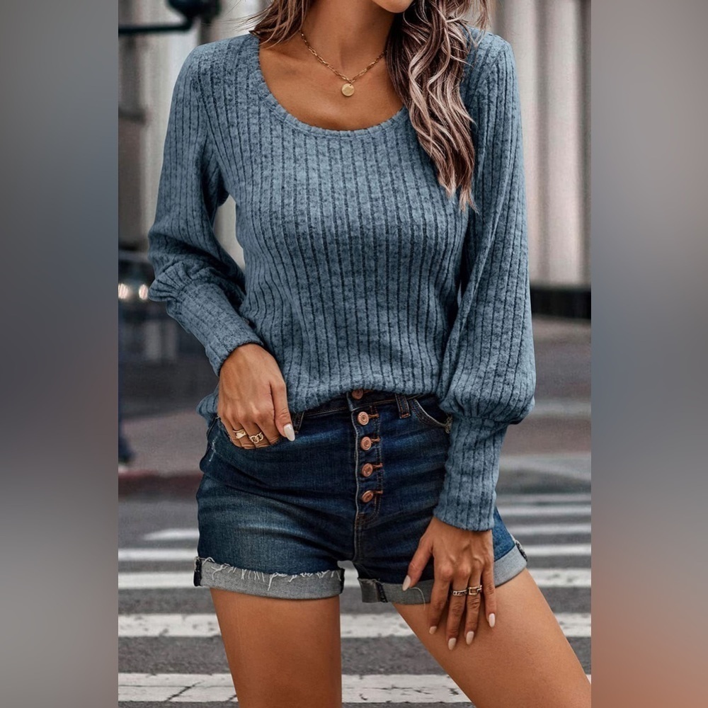 Textured Comfort Ribbed Puff Sleeve Sweater